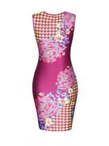Celebrity Floral Houndstooth Round Neck Bodycon Dress