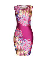 Celebrity Floral Houndstooth Round Neck Bodycon Dress