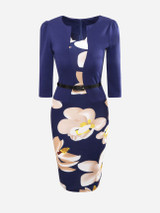 Casual Asymmetric Neckline Floral Printed Patchwork Bodycon Dress