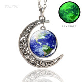 Art Moon Picture Glass Cabochon Crescent Moon Necklace Solar System Planet Space Galaxy Necklace Women Jewelry Dropshipping