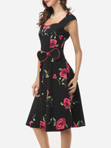 Casual Floral Printed Bowknot Graceful Sweet Heart Skater-dress