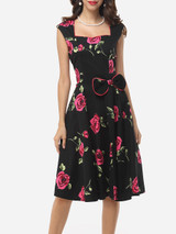 Casual Floral Printed Bowknot Graceful Sweet Heart Skater-dress