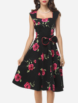 Casual Floral Printed Bowknot Graceful Sweet Heart Skater-dress