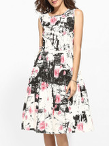 Casual Round Neck Linen Floral Printed Skater-dress