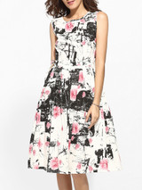 Casual Round Neck Linen Floral Printed Skater-dress