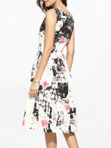 Casual Round Neck Linen Floral Printed Skater-dress