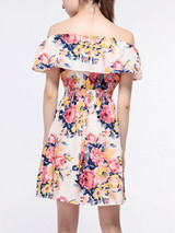 Casual Off Shoulder Elastic Waist Flounce Floral Skater Dress