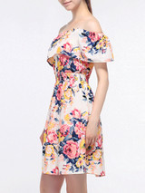 Casual Off Shoulder Elastic Waist Flounce Floral Skater Dress