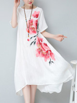 Casual Round Neck Asymmetric Hem Floral Printed Shift Dress