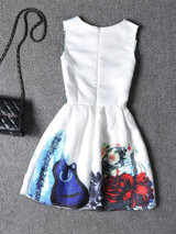 Casual Round Neck Guitar Floral Printed Skater Dress