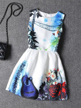 Casual Round Neck Guitar Floral Printed Skater Dress