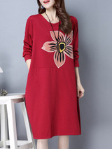 Casual Round Neck Slit Pocket Floral Sack Shift Dress Casual Round Neck Slit Pocket Floral Sack Shift Dress