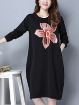 Casual Round Neck Slit Pocket Floral Sack Shift Dress Casual Round Neck Slit Pocket Floral Sack Shift Dress