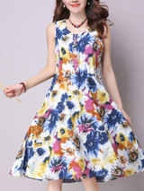 Casual Sleeveless Round Neck Floral Printed Shift Dress