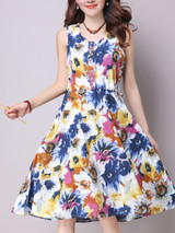 Casual Sleeveless Round Neck Floral Printed Shift Dress