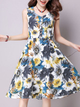 Casual Sleeveless Round Neck Floral Printed Shift Dress