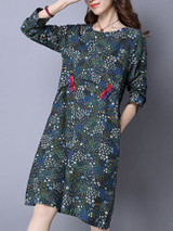 Casual Tiny Floral Printed Round Neck Slit Pocket Shift Dress Casual Tiny Floral Printed Round Neck Slit Pocket Shift Dress