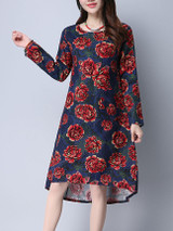 Casual Round Neck Slit Pocket High-Low Floral Printed Shift Dress