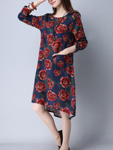 Casual Round Neck Slit Pocket High-Low Floral Printed Shift Dress