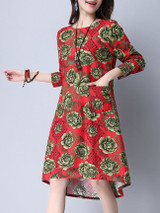 Casual Round Neck Slit Pocket High-Low Floral Printed Shift Dress