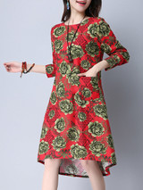 Casual Round Neck Slit Pocket High-Low Floral Printed Shift Dress