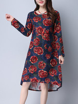 Casual Round Neck Slit Pocket High-Low Floral Printed Shift Dress