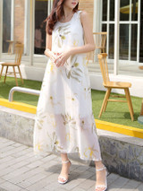 Casual Round Neck Floral Printed Sleeveless Chiffon Maxi Dress