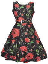Casual Round Neck Belt Floral Printed Vintage Skater Dress