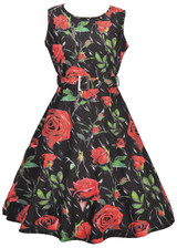 Casual Round Neck Belt Floral Printed Vintage Skater Dress