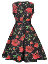 Casual Round Neck Belt Floral Printed Vintage Skater Dress