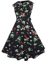 Casual Lapel Floral Cherry Printed Skater Dress
