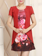 Casual Round Neck Rhinestone Floral Fancy Shift Dress