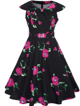 Casual Lapel Belt Floral Printed Retro Skater Dress
