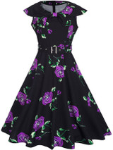 Casual Lapel Belt Floral Printed Retro Skater Dress