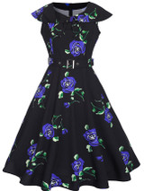 Casual Lapel Belt Floral Printed Retro Skater Dress