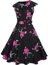 Casual Lapel Belt Floral Printed Retro Skater Dress