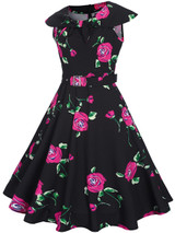 Casual Lapel Belt Floral Printed Retro Skater Dress