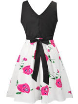 Casual Round Neck Bowknot Delicate Floral Printed Skater Dress