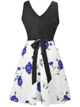 Casual Round Neck Bowknot Delicate Floral Printed Skater Dress