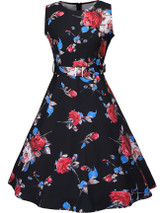 Casual Round Neck Belt Floral Printed Extraordinary Skater Dress