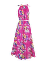 Casual Band Collar Floral Printed Chiffon Swing Maxi Dress