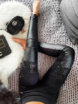 New Black Patchwork Lace Bodycon Latex Vinly Patent Rubber Casual Long Pant