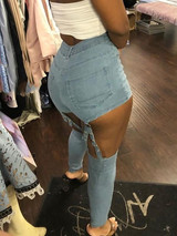 New Blue Zipper Pockets Cut Out High Waisted Bodycon Denim Long Pant