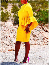 New Yellow Cascading Ruffle Bell Sleeve Bodycon Elegant Prom Evening Party Midi Dres