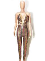 New Golden Rainbow Striped Sequin Halter Neck Backless Belt V-neck Bodycon Party Clubwear Long Jumpsuit Pant