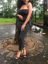 New Black Striped Off Shoulder Two Piece Bodycon Casual High Waisted Long Jumpsuit Pant
