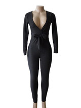 New Black Belt Lace-up Bright Wire Bodycon Clubwear Deep V Neck Party Jumpsuit Pants