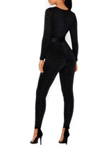New Black Belt Lace-up Bright Wire Bodycon Clubwear Deep V Neck Party Jumpsuit Pants