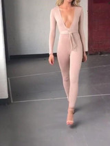 New Golden Belt Lace-up Bright Wire Bodycon Clubwear Deep V Neck Party Jumpsuit Pants