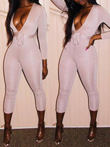 New Golden Belt Lace-up Bright Wire Bodycon Clubwear Deep V Neck Party Jumpsuit Pants